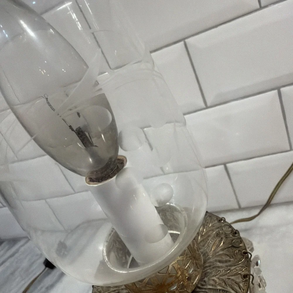 MCM Vtg Art Deco Pair Of Footed Brass Dangling Crystal Hurricane Lamps OLA0001